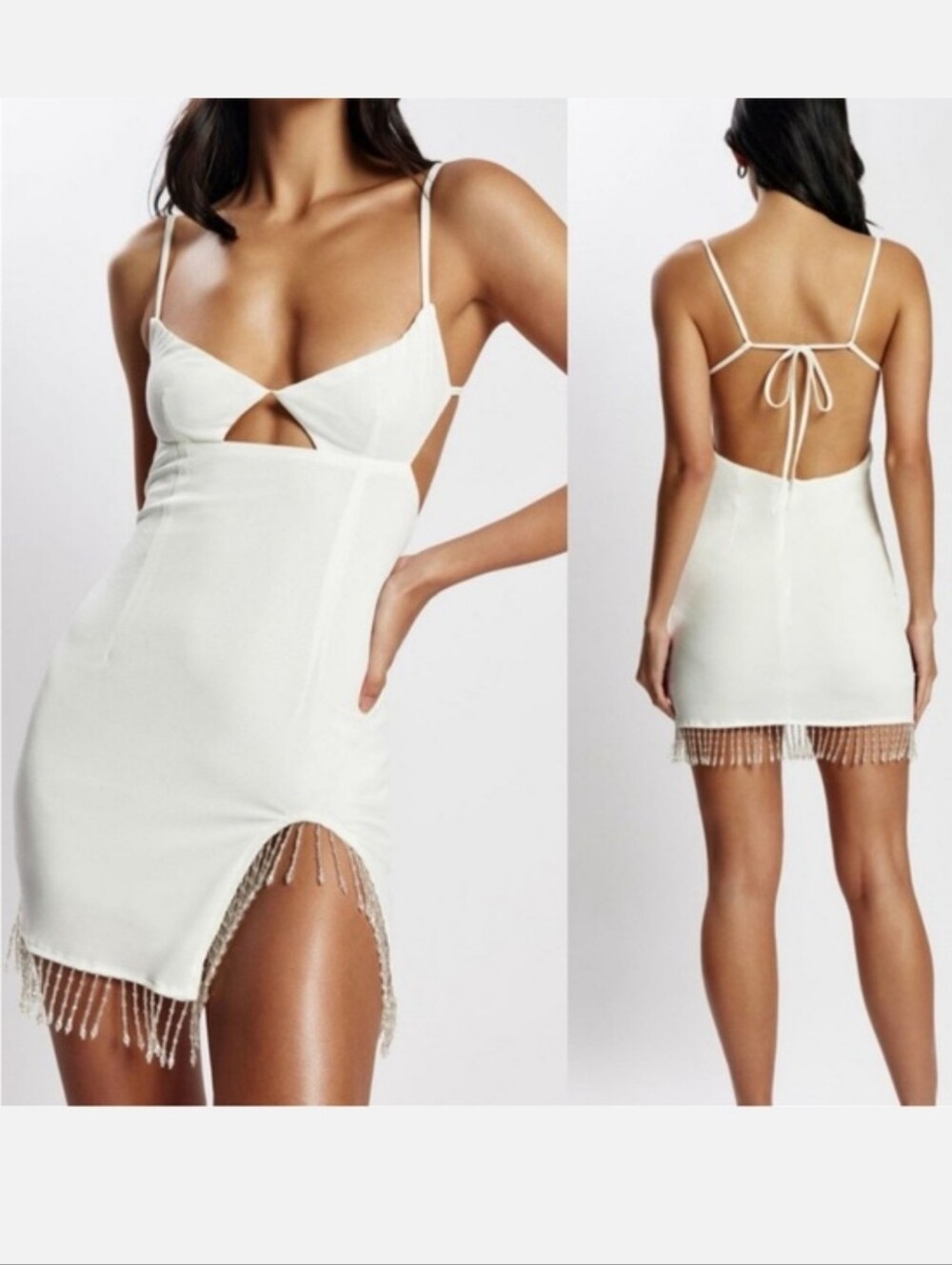 Meshki DARCIE fringe White Cutout Mini Dress with Beaded Fringeki